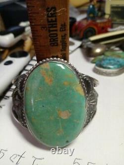 Rare Wow Antique Navajo Sterling Fred Harvey Cuff Huge Turquoise. Green