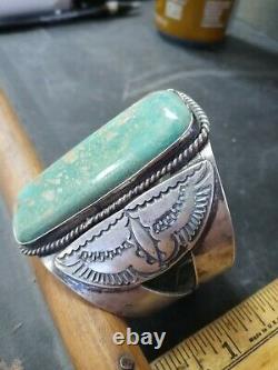 Rare Wow Pawn Navajo Sterling Fred Harvey Wing Cuff. Green Turquoise