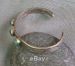 Rustic Vintage Fred Harvey Era Silver Stamped 3 Green Turquoise Cuff Bracelet