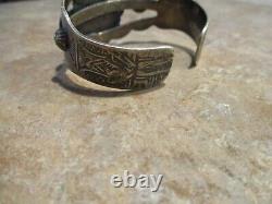 SCARCE WIDE Old Fred Harvey Era Navajo Sterling Silver Turquoise Design Bracelet