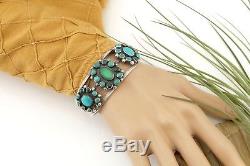 SEE DES Vtg Sterling Silver OLD Fred Harvey Navajo Green Turquoise Cuff Bracelet