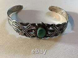 Signed Silver Products Fred Harvey Era Turquoise Coin Silver Stamped Bracelet