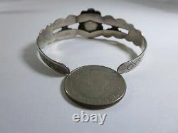 Signed Silver Products Fred Harvey Era Turquoise Coin Silver Stamped Bracelet L2