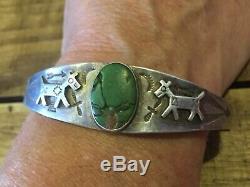 Silver Genuine Fred Harvey Antique Native American Navajo Green Turquoise Bangle