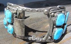 Stamped Vintage Old Pawn Navajo Silver Turquoise Cuff Watchband Fred Harvey Era