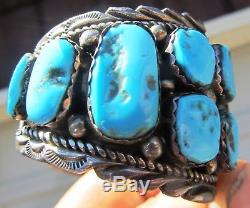 Stamped Vintage Old Pawn Navajo Silver Turquoise Cuff Watchband Fred Harvey Era