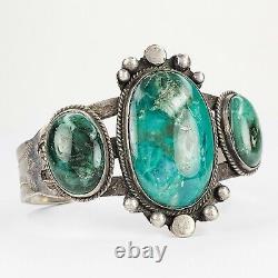 Stunning Antique Sterling Silver 925 Fred Harvey Green Turquoise Cuff Bracelet
