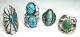 Two Fred Harvey Era Navajo Turquoise Two Signed Sterling Silver Four Ring Lot