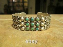 VERY OLD Fred Harvey Era ZUNI 900 Coin Silver Turquoise APPLIED ARROWS Bracelet
