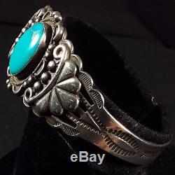 VINTAGE FRED HARVEY Sleeping Beauty Turquoise Stamped Silver Cuff 1930's
