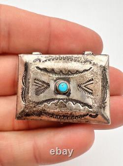 VTG 1930s FRED HARVEY ERA NAVAJO BLUE TURQUOISE STERLING SILVER STAMPED PILL BOX