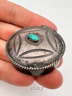 VTG 1930s FRED HARVEY ERA NAVAJO BLUE TURQUOISE STERLING SILVER STAMPED PILL BOX