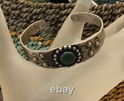VTG Fred Harvey Era Old Pawn Sterling Silver Bezel-Set Turquoise Cuff Bracelet