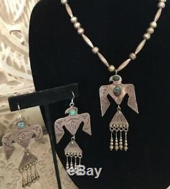 VTG Fred Harvey Sterling Silver Turquoise Thunderbird Necklace And Earrings Set