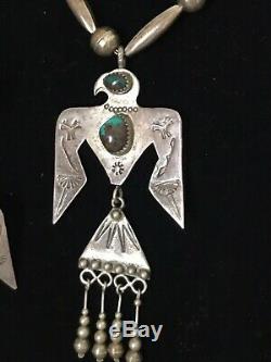 VTG Fred Harvey Sterling Silver Turquoise Thunderbird Necklace And Earrings Set