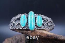 VTG Navajo FRED HARVEY Sterling Silver & Three Turquoise Cuff Bracelet 6.5'