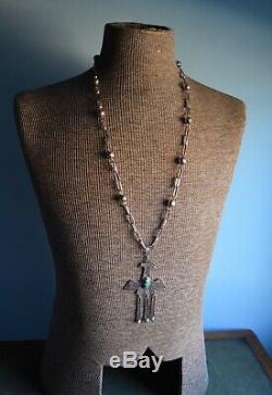 VTG Navajo Fred Harvey Silver Turquoise Native Thunderbird Whirling Log Necklace
