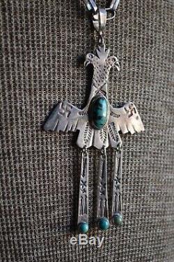 VTG Navajo Fred Harvey Silver Turquoise Native Thunderbird Whirling Log Necklace