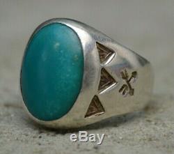 VTG Navajo Old Pawn Fred Harvey Era Silver & Turquoise Mens Trading Post Ring 7