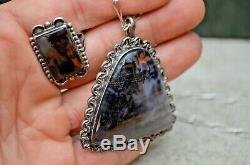 VTG Old Pawn Navajo Native Silver Petrified Wood Ring & Necklace Set Fred Harvey
