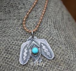VTG Old Pawn Navajo Necklace Silver & Turquoise Fred Harvey Thunderbird Pendant
