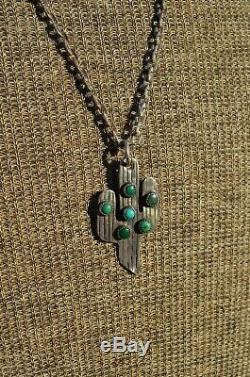 VTG Old Pawn Navajo Silver & Turquoise Fred Harvey Cactus Pendant Necklace