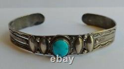Vintage 1940's Fred Harvey Navajo Indian Silver Stamped Turquoise Cuff Bracelet