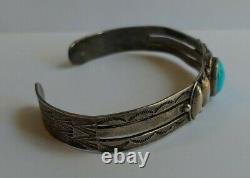 Vintage 1940's Fred Harvey Navajo Indian Silver Stamped Turquoise Cuff Bracelet