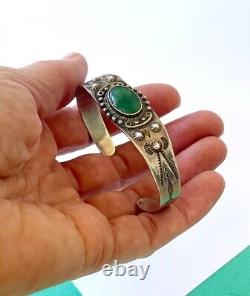 Vintage 1940's Fred Harvey Sterling Silver Silver and Turquoise Stamped Cuff