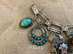 Vintage Charm Bracelet Fred Harvey Navajo Zuni Turquoise Silver Native American
