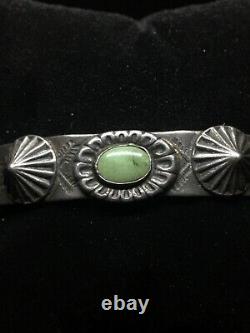 Vintage Coin Silver Turquoise Handmade Navajo Stamped Fred Harvey Era Bracelet