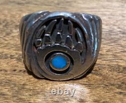 Vintage Fred Harvey Era Bear Claw Ring Silver and Turquoise- Size 13
