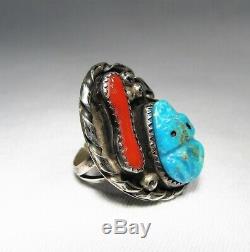 Vintage Fred Harvey Era Carved Turquoise Frog & Coral Sterling Silver Ring C2719