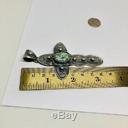 Vintage Fred Harvey Era Coin Silver Cross Pendant Natural Tyrone Turquoise