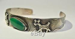 Vintage Fred Harvey Era Dog Horse Sterling Silver Green Turquoise Cuff Bracelet