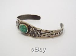 Vintage Fred Harvey Era Native American Stamped Silver & Turquoise Cuff Bracelet