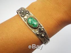 Vintage Fred Harvey Era Native American Stamped Silver & Turquoise Cuff Bracelet