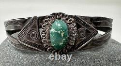 Vintage Fred Harvey Era Native American Sterling Silver Green Turquoise Bracelet