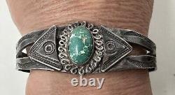 Vintage Fred Harvey Era Native American Sterling Silver Green Turquoise Bracelet