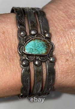 Vintage Fred Harvey Era Native American Sterling Silver Turquoise Cuff Bracelet