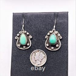 Vintage Fred Harvey Era Navajo Green Turquoise Sterling Silver Dangle Earrings