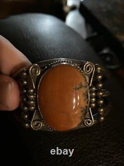Vintage Fred Harvey Era Navajo Silver Petrified Wood AGATE Bracelet Cuff