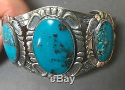 Vintage Fred Harvey Era Navajo Stamped Sterling Silver Turquoise Cuff Bracelet
