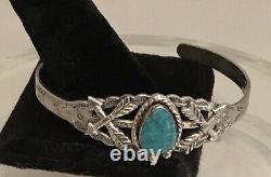 Vintage Fred Harvey Era Navajo Sterling Crossed Arrows Turquoise Cuff Bracelet