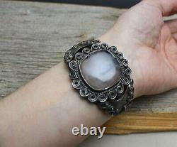 Vintage Fred Harvey Era Navajo Sterling Silver Agate Cuff Bracelet