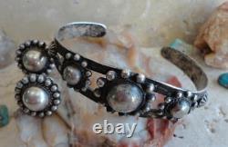 Vintage Fred Harvey Era Navajo Sterling Silver Concho Cuff Bracelet Earring Set