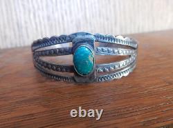 Vintage Fred Harvey Era Navajo Sterling Silver Stamped Turquoise Cuff Bracelet