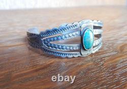 Vintage Fred Harvey Era Navajo Sterling Silver Stamped Turquoise Cuff Bracelet