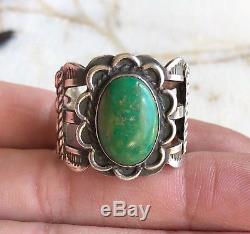 Vintage Fred Harvey Era Navajo Sterling Silver Tooled Green Turquoise Men's Ring
