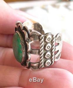 Vintage Fred Harvey Era Navajo Sterling Silver Tooled Green Turquoise Men's Ring